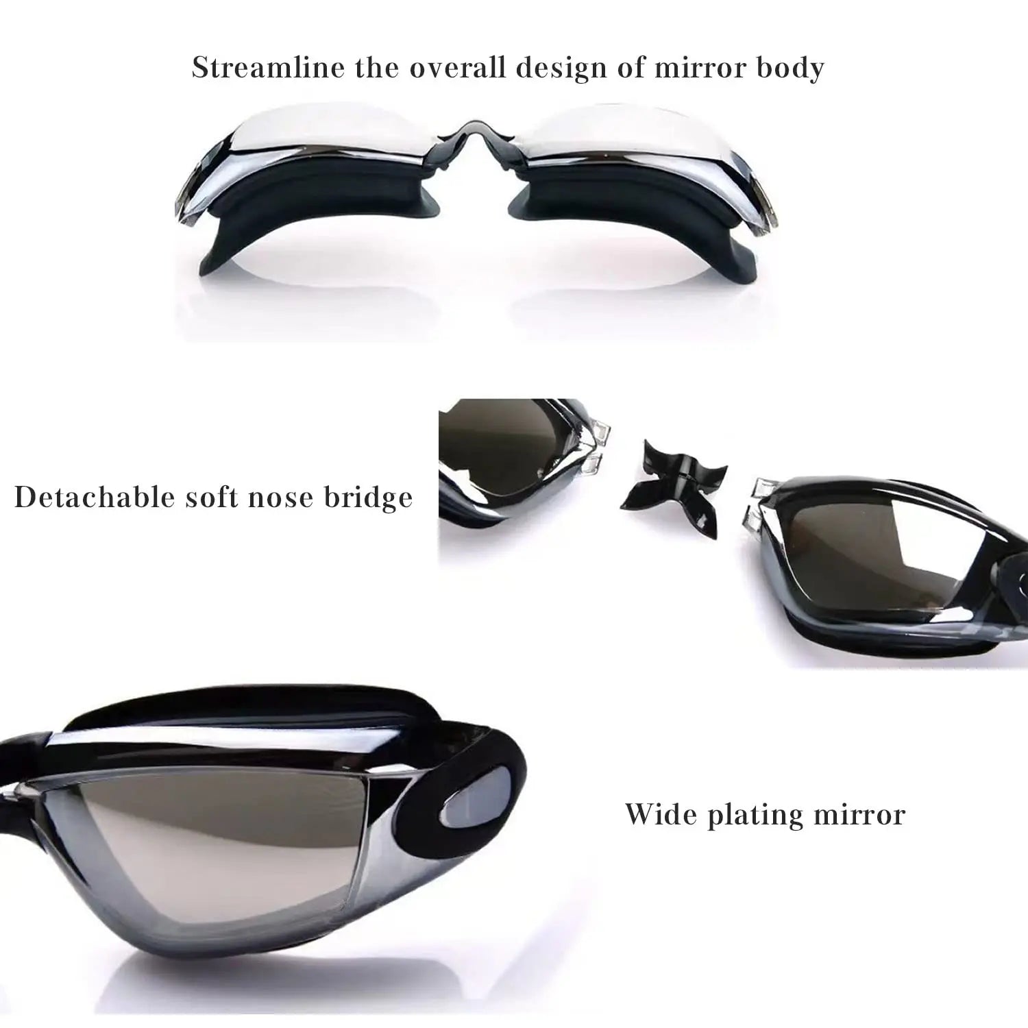 High-Quality Black Swim Goggles for Adults - Adjustable Nose Bridge & Headband, Anti-Fog & UV Protection, Comfortable Waterproof