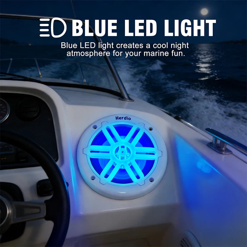 Herdio 6.5 Inch Marine Speaker 350W IP66 Waterproof Coaxial Audio Blue LED Light UV Resistant Grille for Boats ATV/UTV 1 Pair