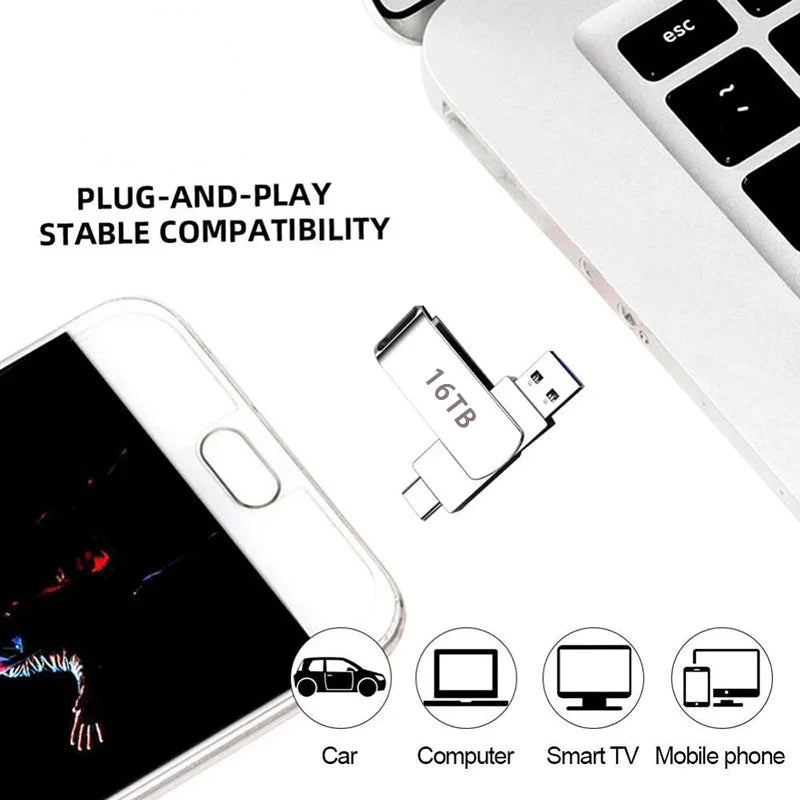 USB 3.2 Gen 1 Type‑C Dual Interface Metal Flash Drive, High‑Speed Waterproof Pen Drive for PC Laptop, 4TB 8TB 16TB Storage