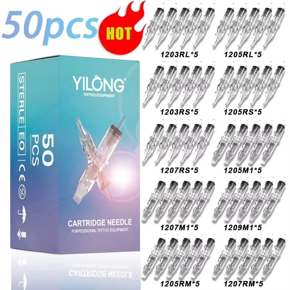 YILONG 50/20PCS Mixed Size Steriled Transparent Tattoo Cartridge Needles Needles with Membrane Safety Cartridges for Tattoo Pen