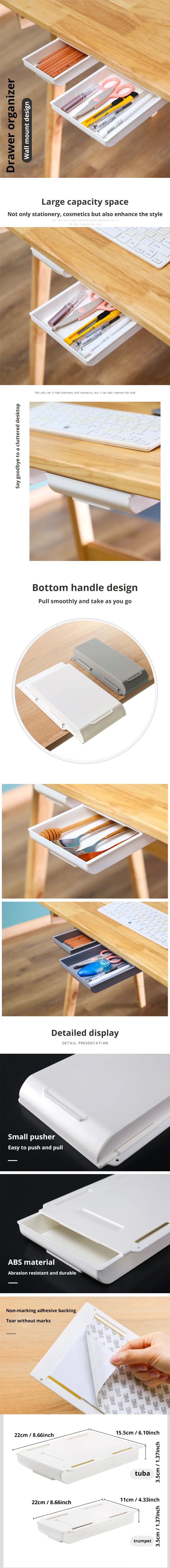1pc White SelfAdhesive Storage Drawer Box Makeup Pencil Tray Desk Hidden Under Desk Stand Self-adhesive Under-drawer Storage Box
