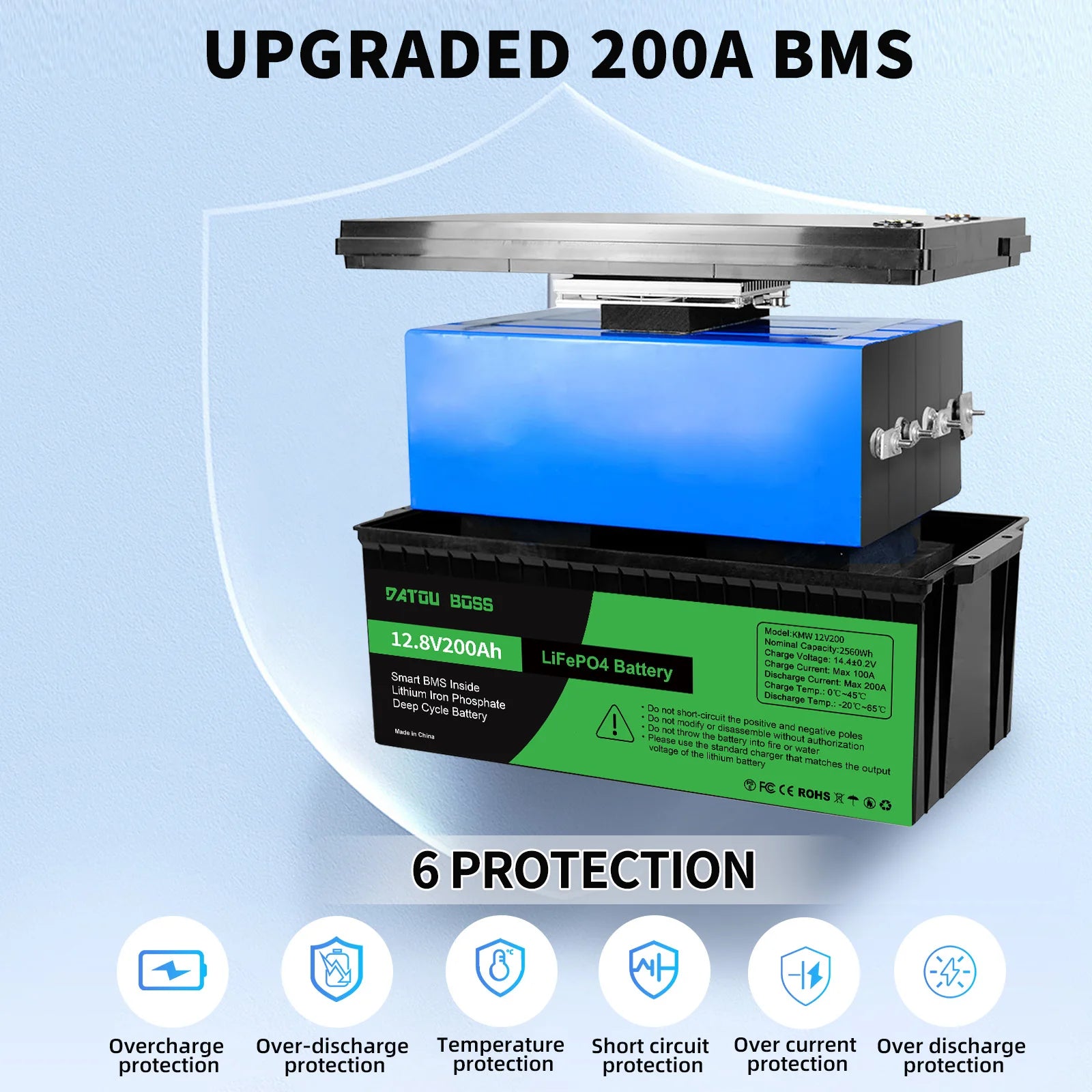 Batería LiFePO4 12V 200AH DATOUBOSS 2560W | BMS | Solar Recargable 🔋