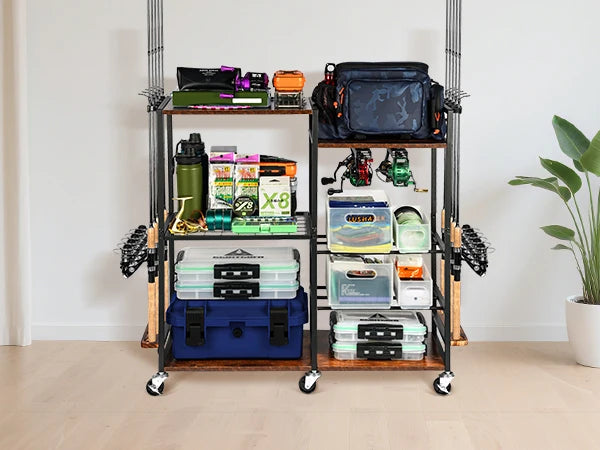Fishing Rod Holders for Garage Fishing Pole Rack Containers Included, up to 10 Rods Tackle Box Reel Storage Fishing Rod Rack