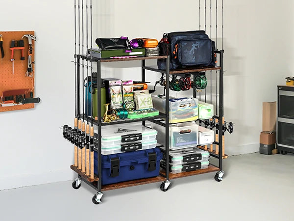 Fishing Rod Holders for Garage Fishing Pole Rack Containers Included, up to 10 Rods Tackle Box Reel Storage Fishing Rod Rack