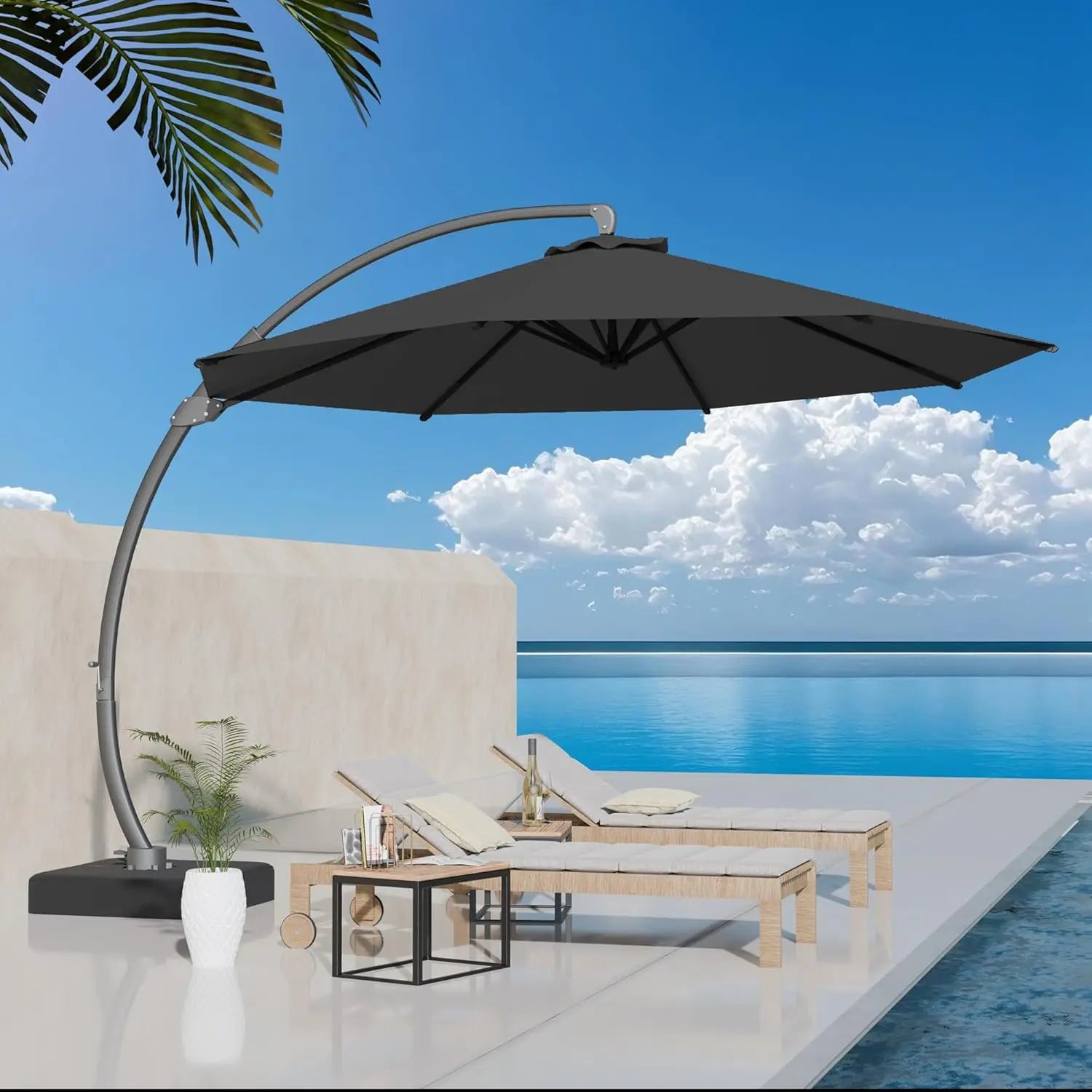 11ft round Aluminum Patio Umbrella with Base - Offset Cantilever Design 360° Rotating Customizable Large Outdoor Shade Umbrella