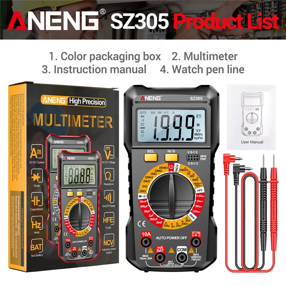 ANENG SZ308 Digital Multimeter AC/DC Current Meter Voltage Resistance Meter Electrician LCD Backlight Ohm Square Wave Test