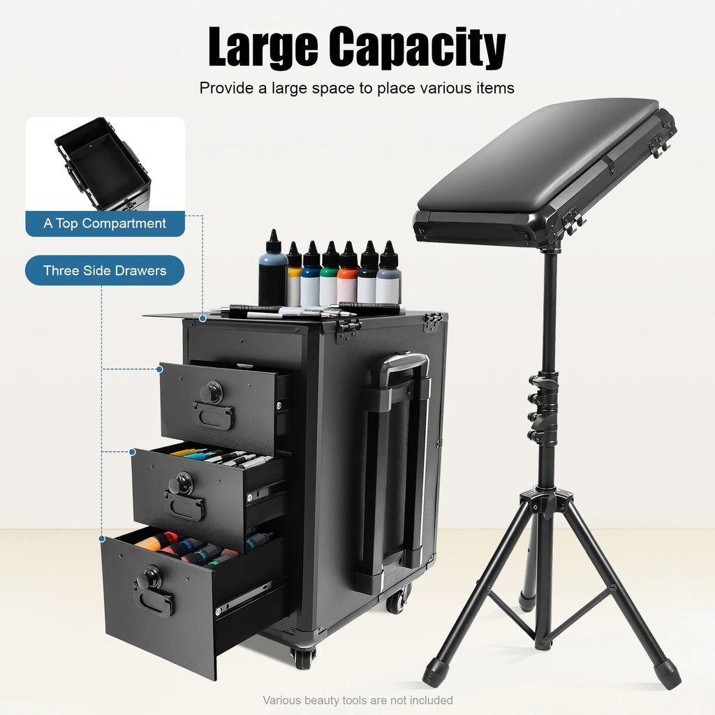 Tattoo Suitcase Mobile Tattoo Trolley Case Rolling Makeup Train Case W/ 3 Drawers for Nail Art Embroidery Hairdressing