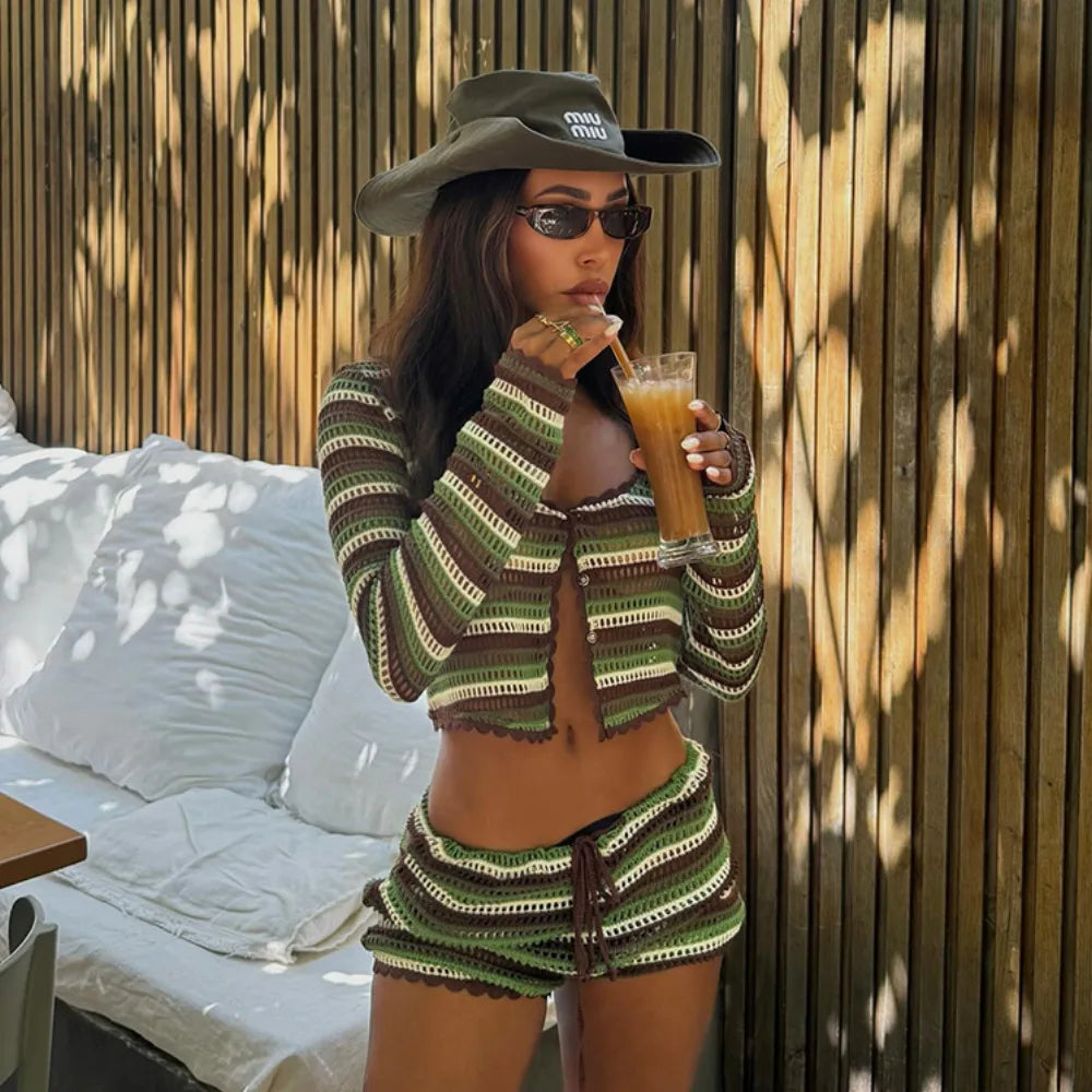 2026 Women Beach 2 Piece Sets Bikini Cover-Ups Swimsuit Tops And Low Waist Shorts Sexy Ladies Swimming Cover Up Bathing Suit