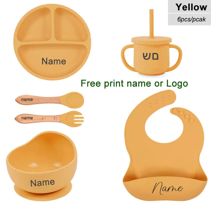 Set 6pcs Vajilla de Silicona para Bebé | Bol, Plato, Cuchara, Tenedor, Babero y Vaso 🍼