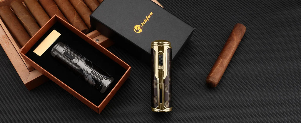 Cigar Lighter with Cigar Punch Holder,Windproof Electric Torch Lighter,Refillable Butane Lighters for Smoking with Gift Box