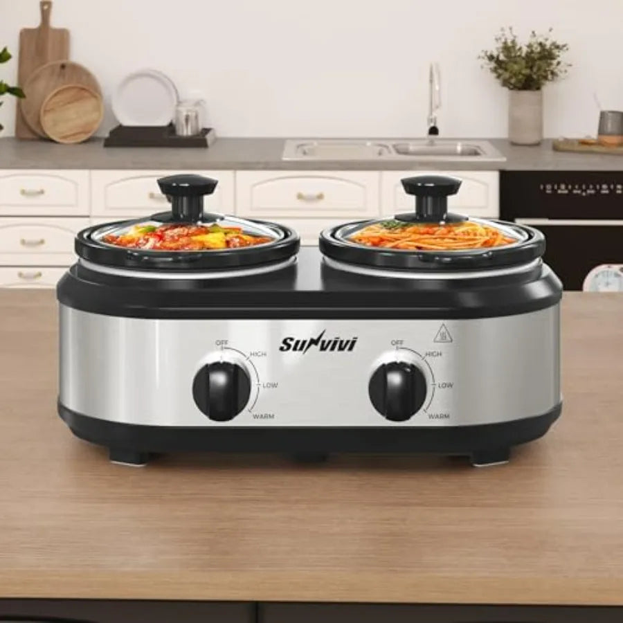 Dual Slow Cooker Buffet Server and Food Warmer Small Mini Pot with 3 Adjustable Temp 2 Visible Glass Lids for Parties Holidays