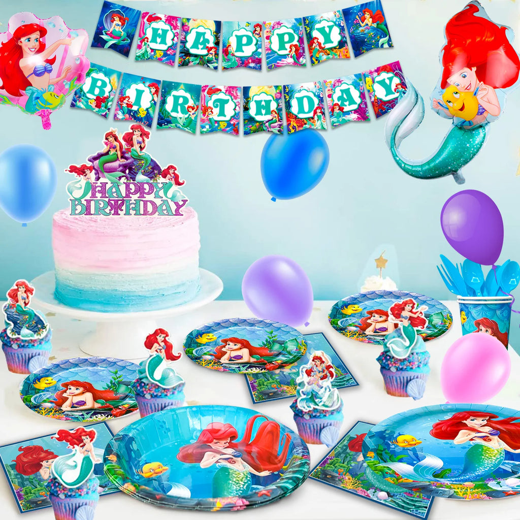 Little Mermaid Birthday Supplies,185pcs Little Mermaid Birthday Party Decorations&Tableware-Little Mermaid Stickers Banner Plate