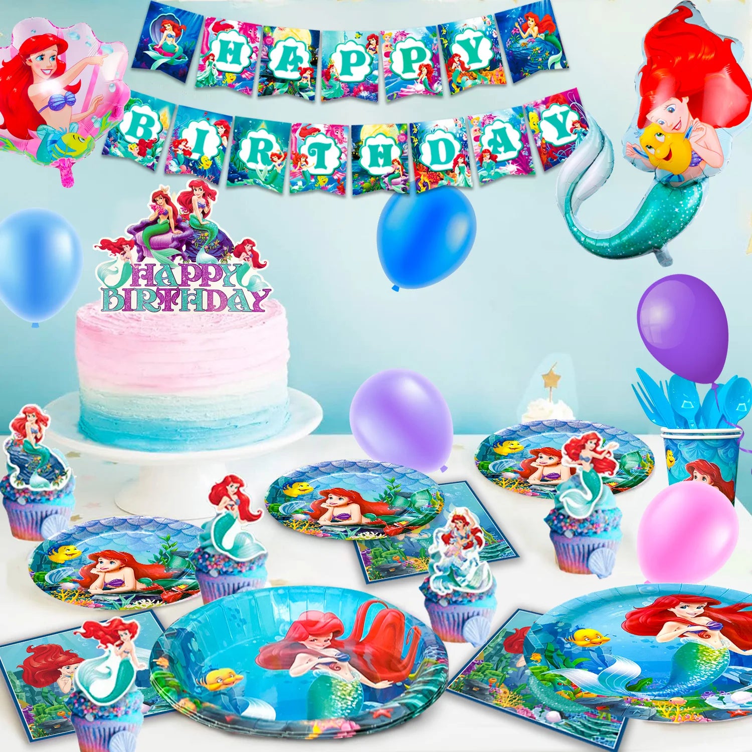 Little Mermaid Birthday Supplies,185pcs Little Mermaid Birthday Party Decorations&Tableware-Little Mermaid Stickers Banner Plate