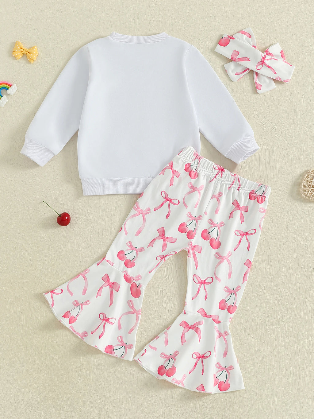 Toddler Girls Adorable Clothing Set with Cherry Embroidery Sweatshirt Bow Print Flared Pants and Matching Headband - 3 Piece - Firu Total Sales