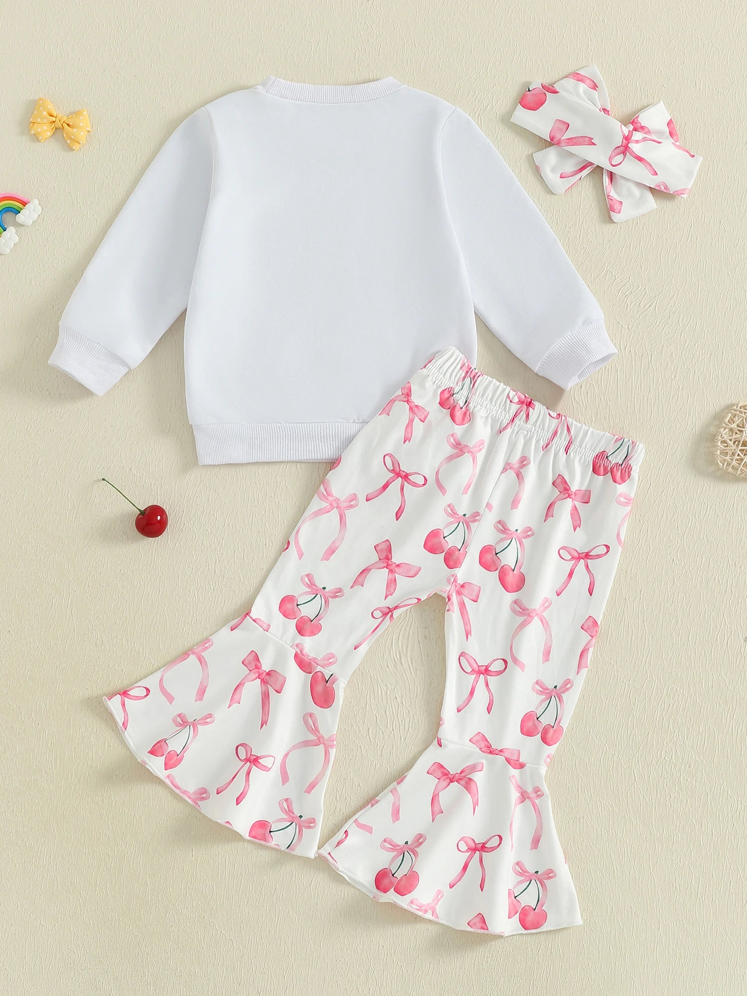 Toddler Girls Adorable Clothing Set with Cherry Embroidery Sweatshirt Bow Print Flared Pants and Matching Headband - 3 Piece