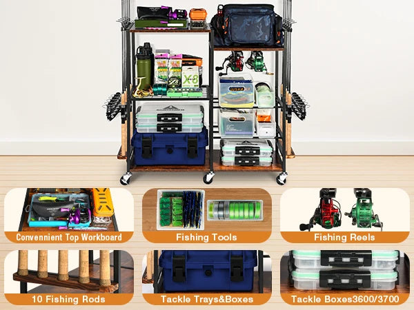 Fishing Rod Holders for Garage Fishing Pole Rack Containers Included, up to 10 Rods Tackle Box Reel Storage Fishing Rod Rack
