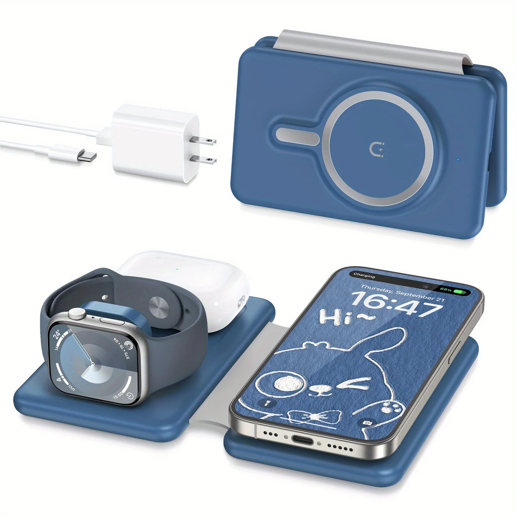 Cell Phone Wireless Charger - 3-in-1 Travel Charging Station for Multiple Devices, Portable Foldable Magnetic Charging Pad