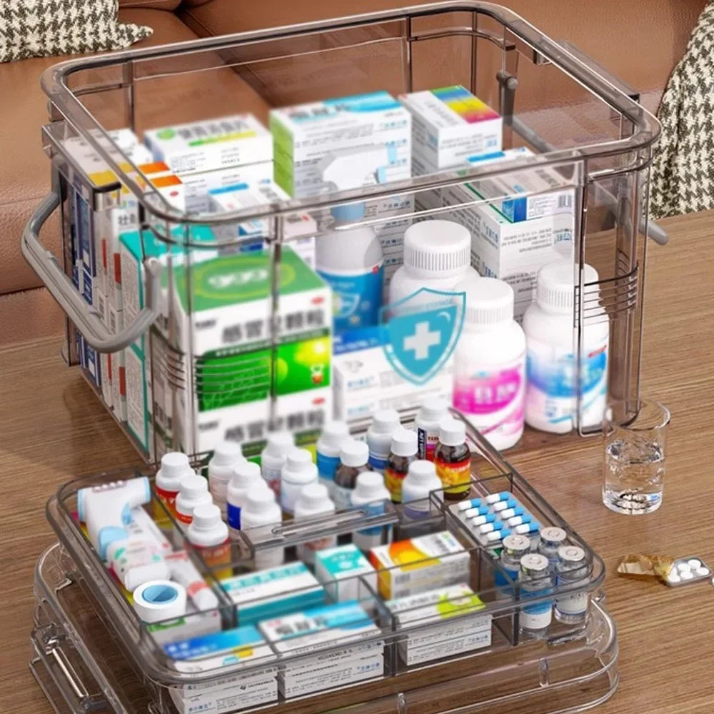 storage box Home plastic first aid box with handle Transparent home emergency tool kit Drug storage box