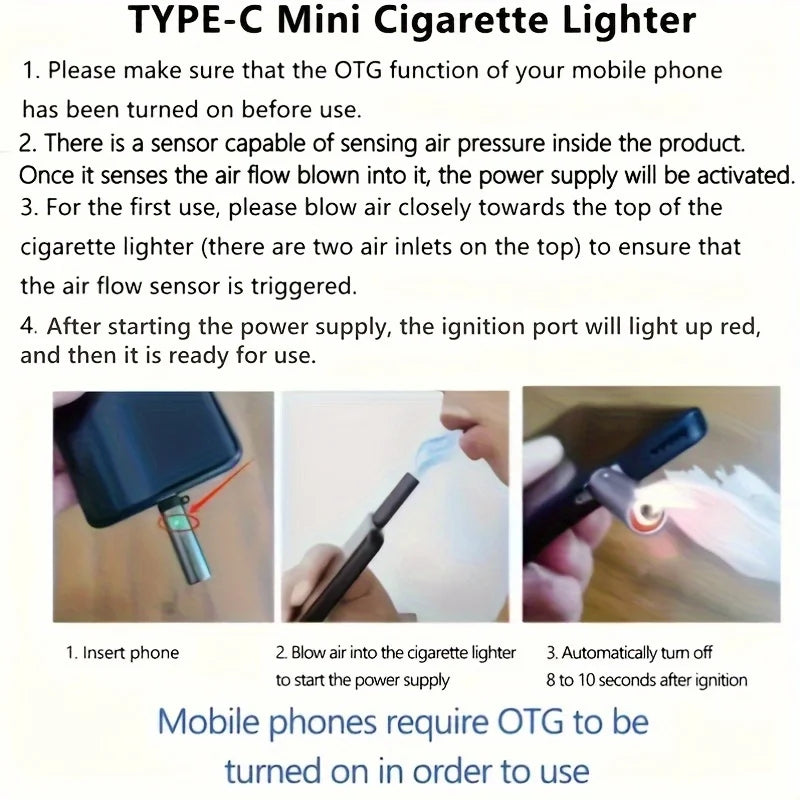 USB C Emergency Lighter, Aluminum Alloy Battery Free Lighter for Camping RV Travel, Phone OTG Powered Auto Off