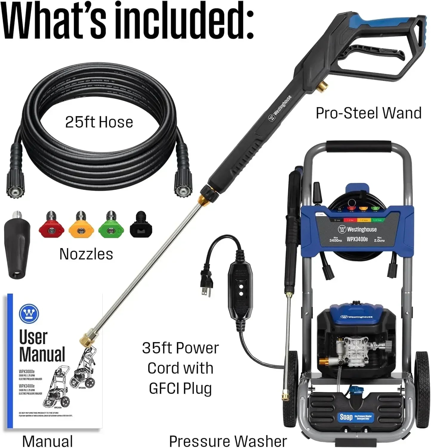 XMSJ*[XMSJ]WPX3400e Electric Pressure Washer, 3400 Max PSI and 2.0 Max GPM, Brushless Motor, Onboard Soap Tank, Spray Gun and Wa