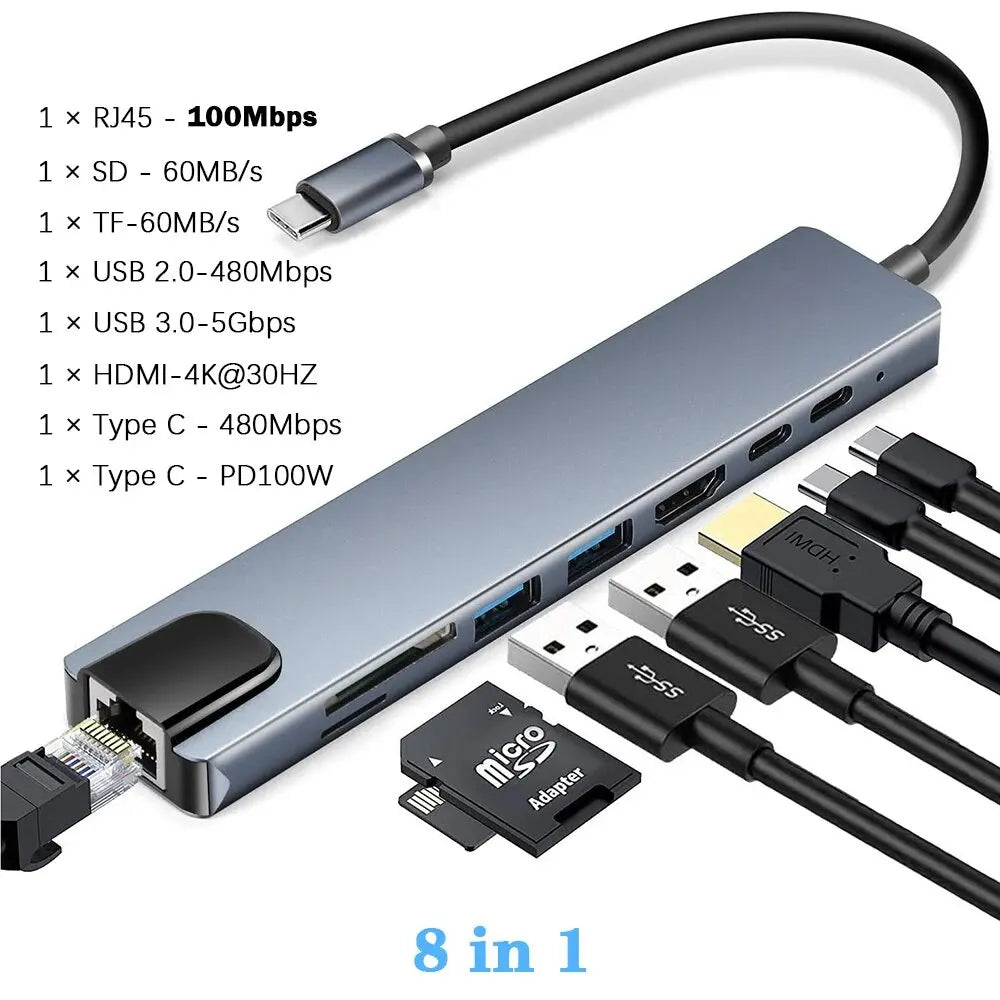 Hub USB-C 8 en 1 FEIWIMI | HDMI 4K 30Hz | RJ45 100Mbps | VGA | PD 100W | Docking Station - Firu Total Sales