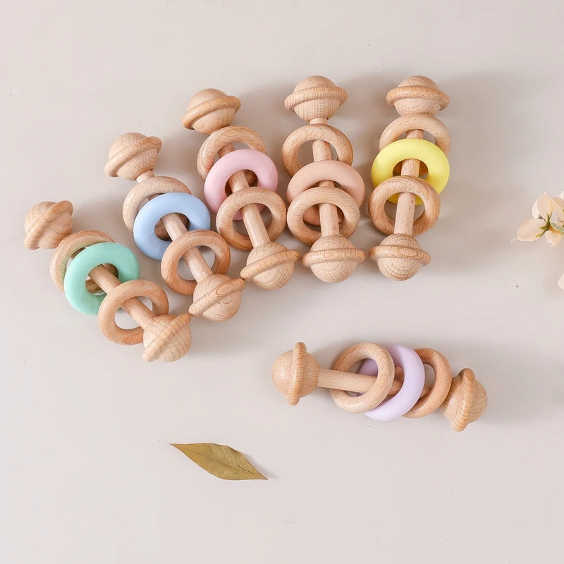 Wooden Rattle Silicone Ring — Sensory Baby Toy | 0-12 Months Gift