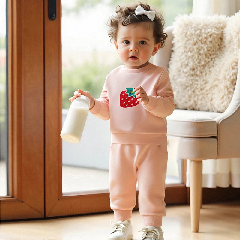 Cute Toddler Girl Autumn Ensemble Adorable Strawberry Embroidered Crew Neck Sweatshirt with Matching Long Pants 2-Piece Set - Firu Total Sales