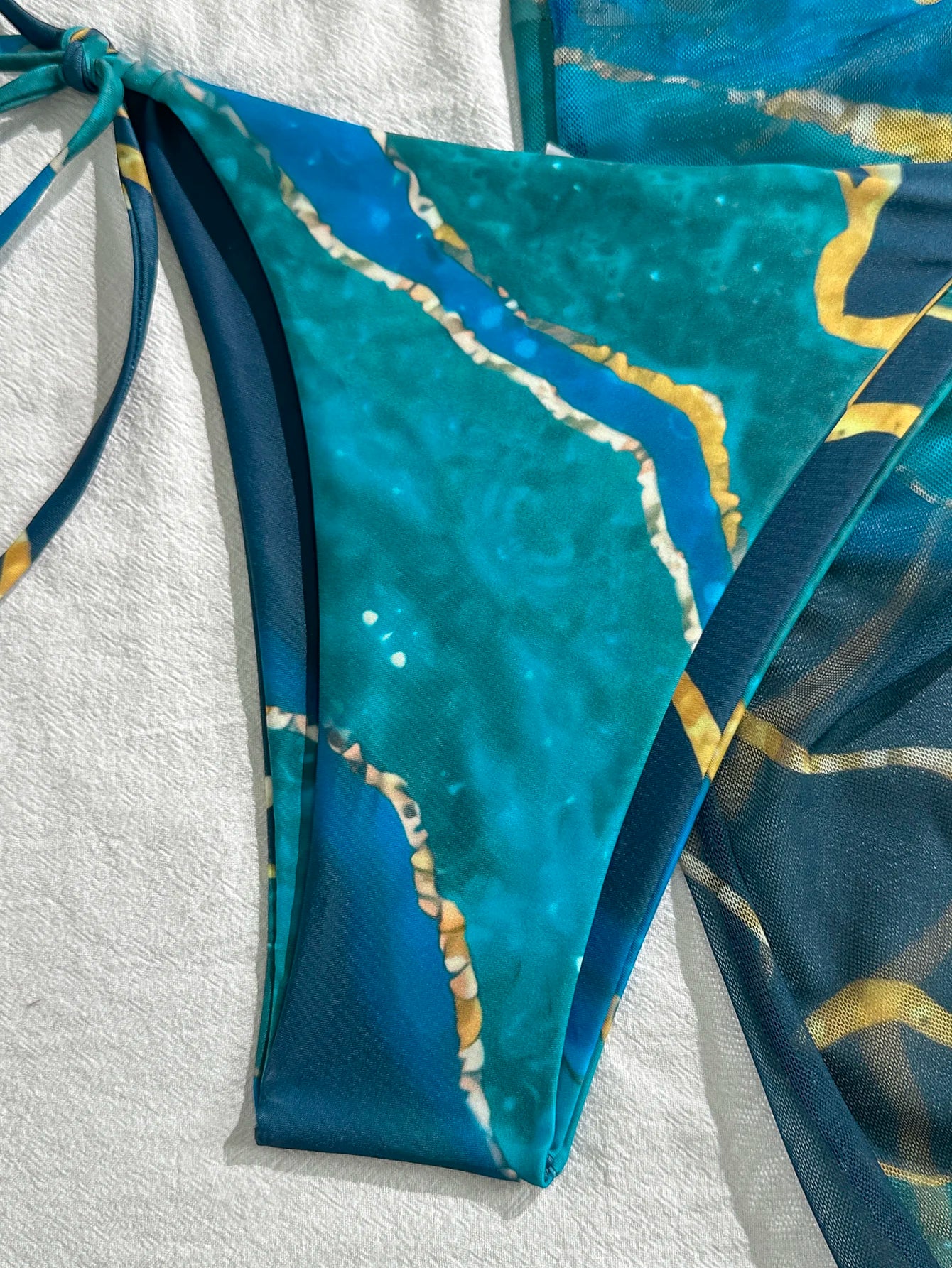 Women's Three-Piece Swimsuit Set, Blue Marble Print Sexy Bikini with Tie-Up Triangle Top, Tie-Up Triangle Bottoms, Mesh Skirt, Wrap Skirt, Beach Swimwear