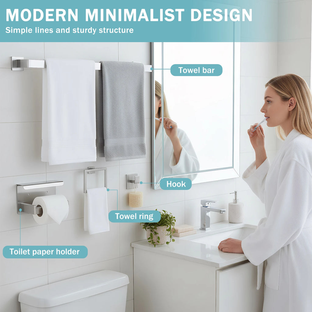 20-Pieces Stainless Steel Bathroom Hardware Set Wall Mounted Bath Towel Bar Set Towel Rack/Toilet Paper Holder/Towel Ring/Hook