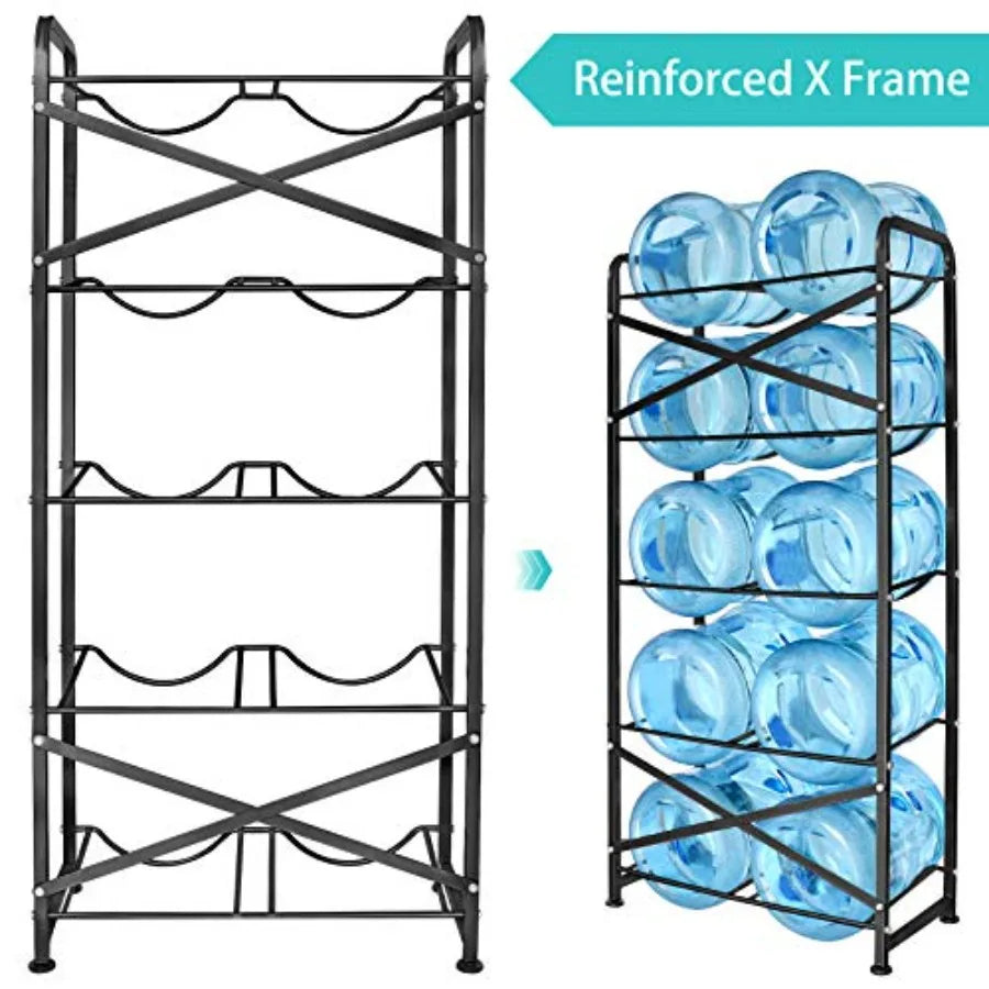 5 Gallon Water Bottle Holder for 10 Bottles 5 Tiers Heavy-Duty Water Cooler Jug Rack with Reinforcement Frame for Kitchen Offic