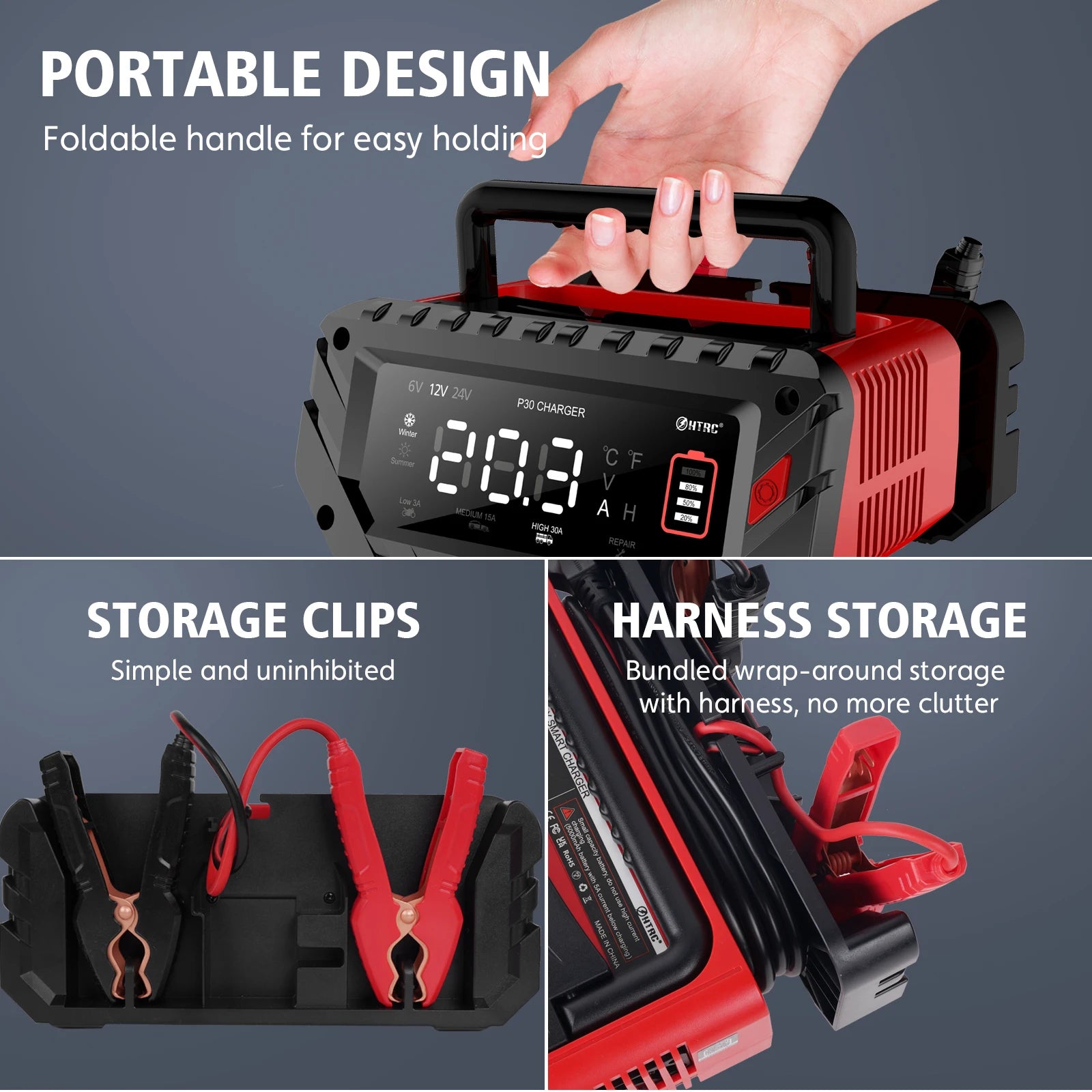 12V 30A/26A/20A Smart Car Battery Charger LCD 6V-12V-24V for Motorcycle Trickle Lithium LiFePO4 Lead-acid AGM Battery Repair