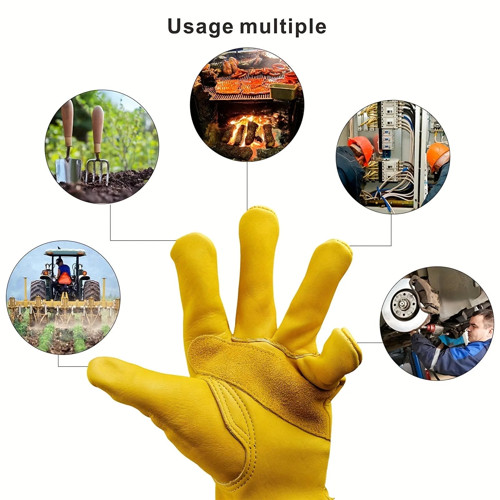 1 Pair Of Flex Grip Leather Work Gloves, Stretchable Wrist Tough Cowhide Working Gloves (Yellow)