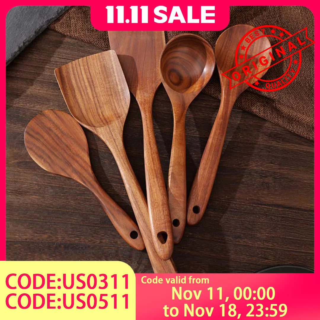 Set 5 Utensilios de Cocina de Madera | Sin Olor | Resistente al Calor | Hogar 🍳
