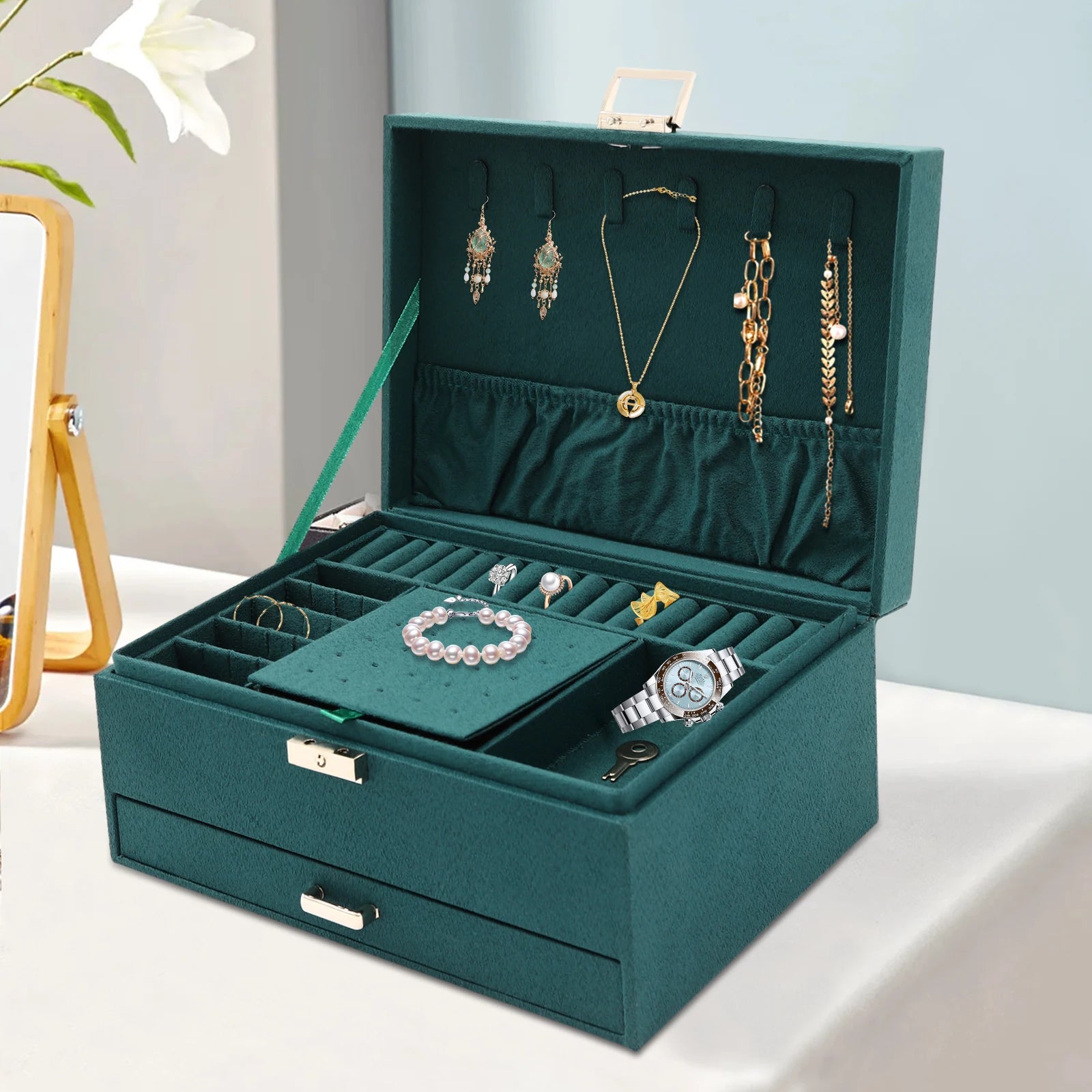 3-Tier Dark Green Jewelry Box Organizer with 15 Ring Slots 10 Earring Hooks 18 Stud Holes Drawers for Necklace Bracelet Watch