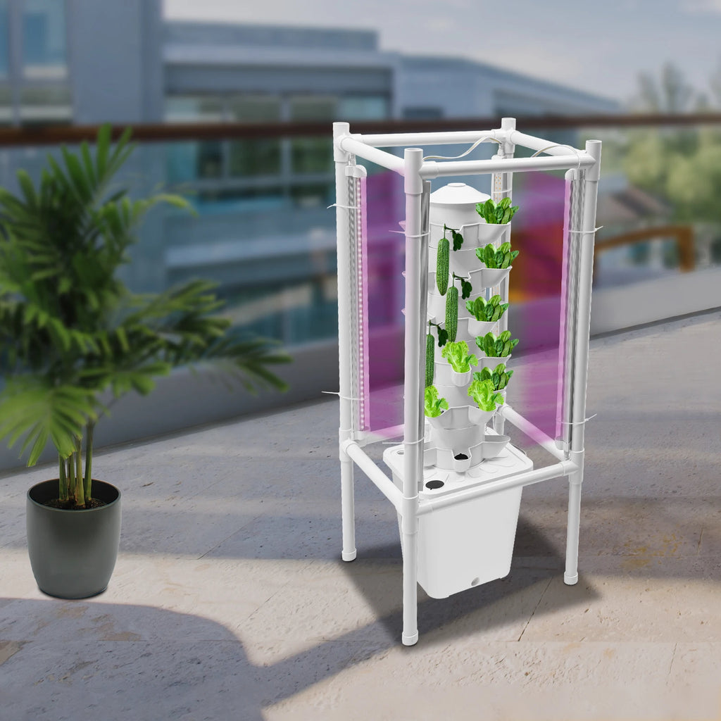 6-Tiers 30 Planting Holes Hydroponics Vertical Growing Kit, Tower Standing Soilless Vegetable Grower with LED & Water Tank