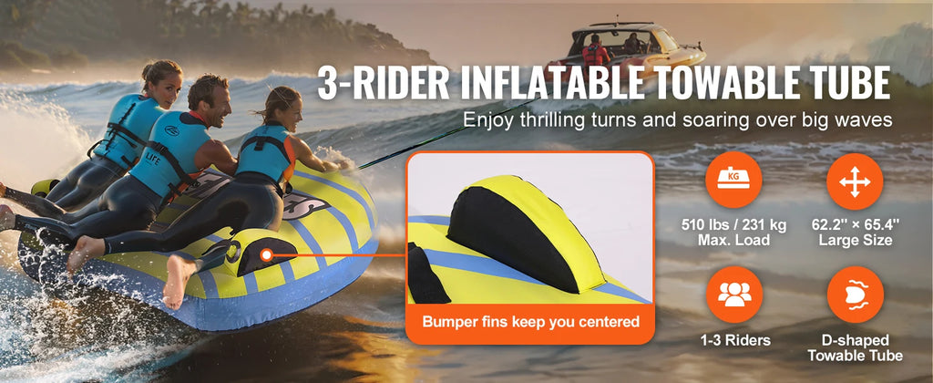 SucceBuy Towable Tube for Boating, 1-3 People Inflatable Towable Tube with Bumper Fins, 510lb Water Sport Towable Tubes for Boat