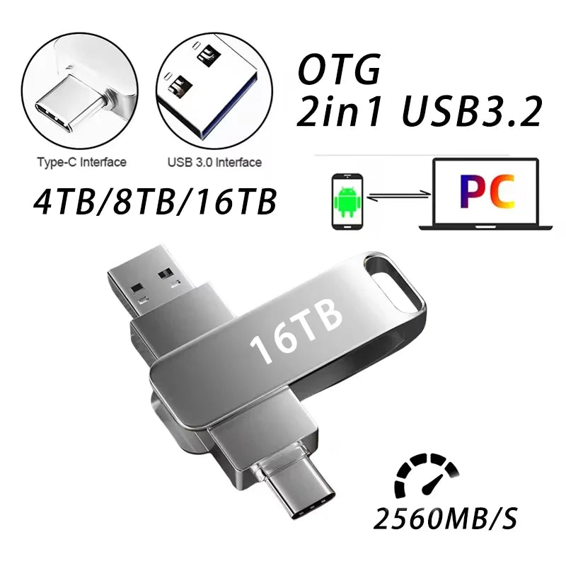 USB 3.2 Gen 1 Type‑C Dual Interface Metal Flash Drive, High‑Speed Waterproof Pen Drive for PC Laptop, 4TB 8TB 16TB Storage