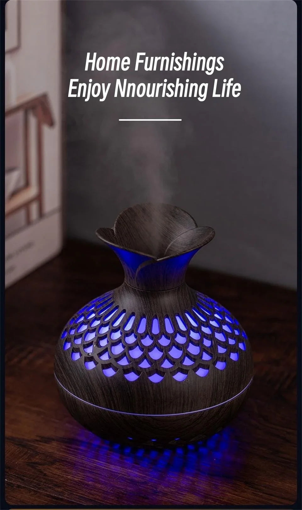 Humidificador Jarrón Veta de Madera | Difusor Ultrasónico | Purificador de Aire 🌿