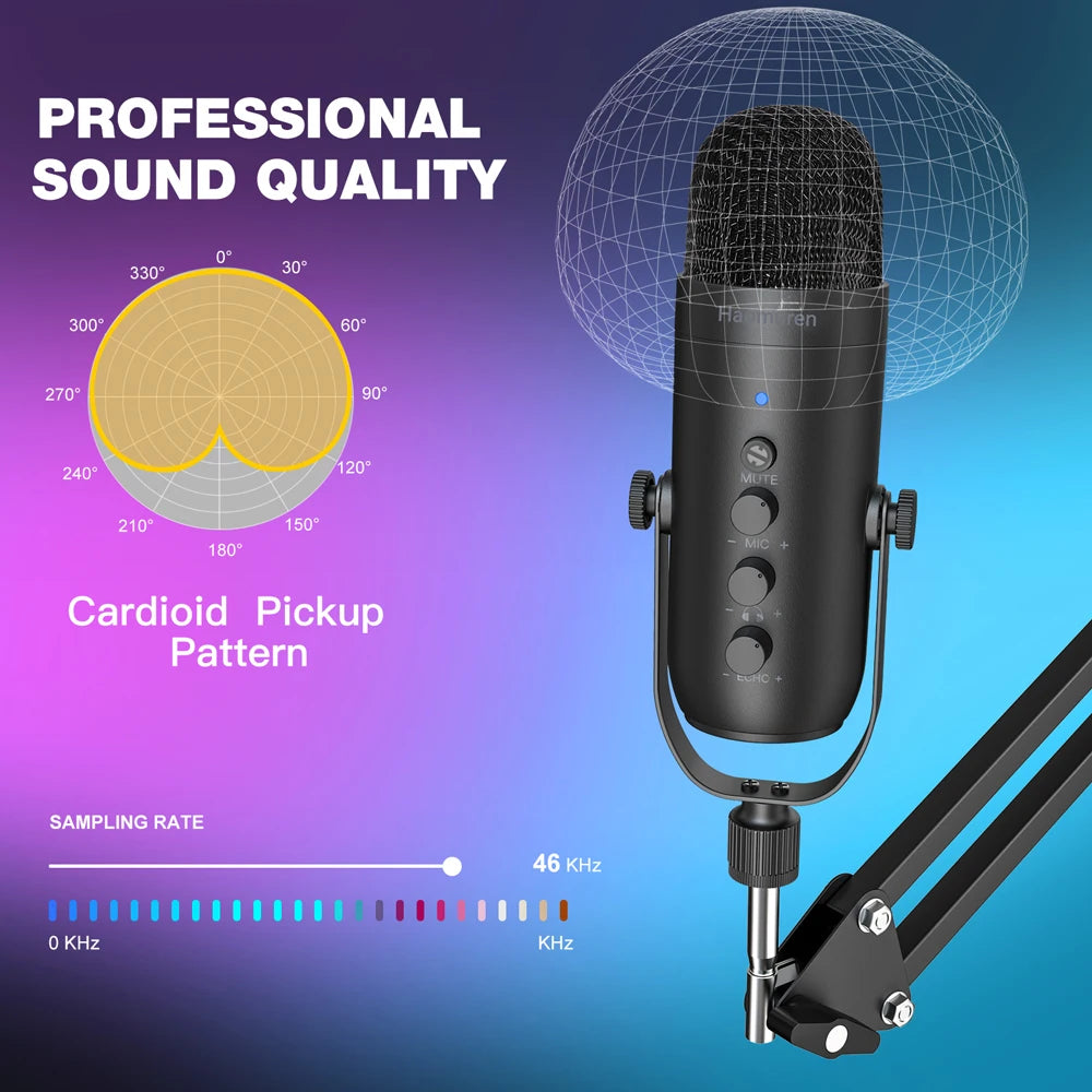 Micrófono USB Condensador Cardioide HAOMUREN | Kit con Brazo | Podcast, Streaming y YouTube - Firu Total Sales