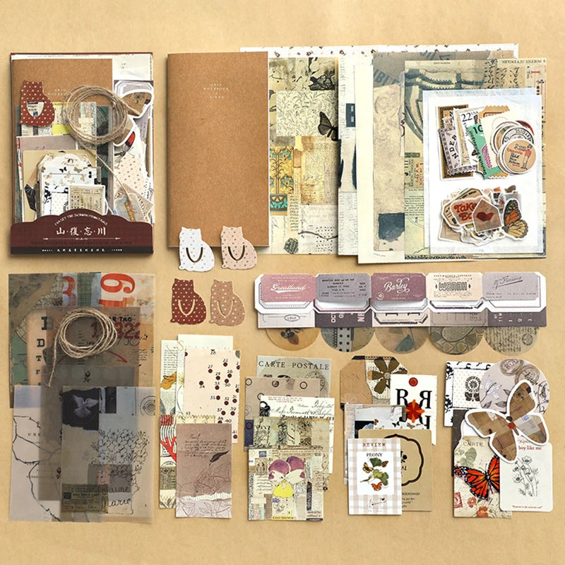 Retro scrapbook supplies, aesthetic diary tool kit, material paper set, simple Instagram style background, handmade DIY material
