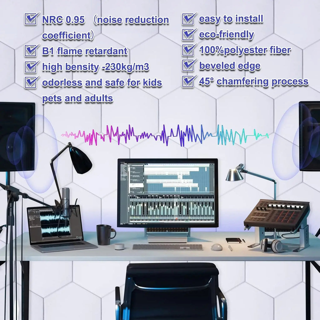 18 Pack Self-Adhesive Acoustic Panels, White Hexagonal Design, Soundproof Wall Panels for Home Office Decoration