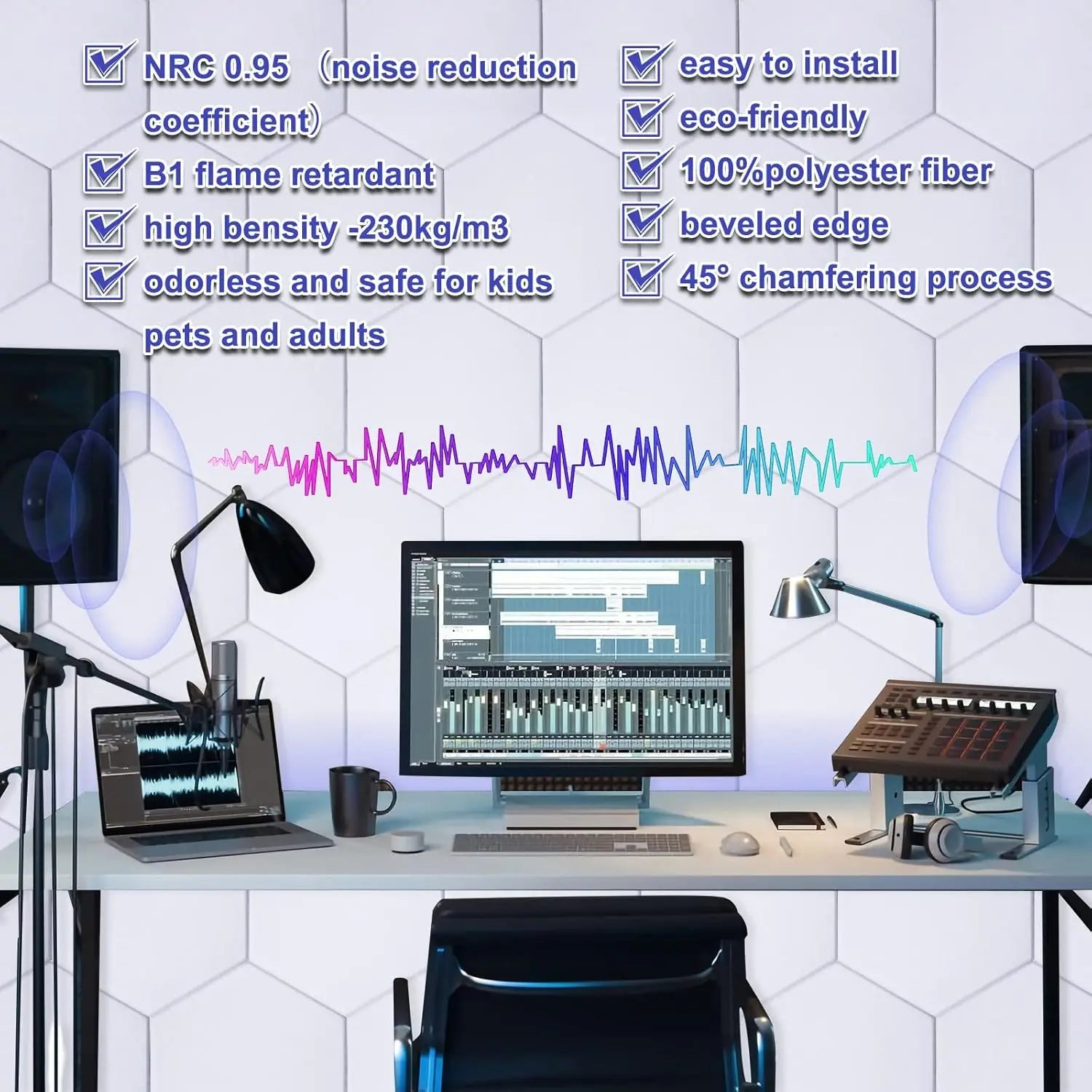 18 Pack Self-Adhesive Acoustic Panels, White Hexagonal Design, Soundproof Wall Panels for Home Office Decoration