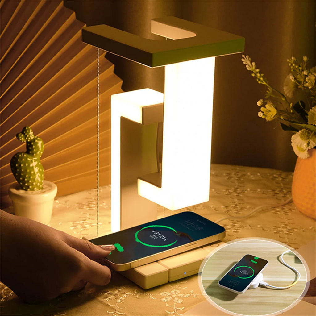 Floating Desk Lamp with Wireless Charger | USB Output | iPhone Charging Dock | Bedside Table Lamp
