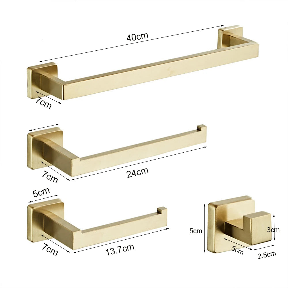 Brushed GoldBathroom Hardware Set Kit Accessories Wall Shelf Towel Bar Rack Rail Robe Hanger Toilet Brush Roll Paper Holder Dish