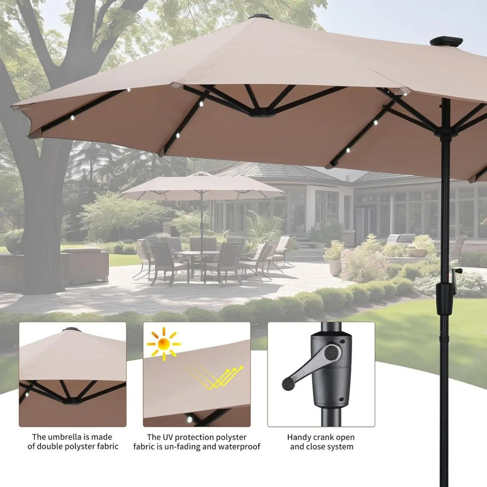 13ft Rectangular Patio Umbrella with 36 Solar LED Lights, Ultimate Sun Protection, Easy To Shake, for Deck, Garden, Khaki