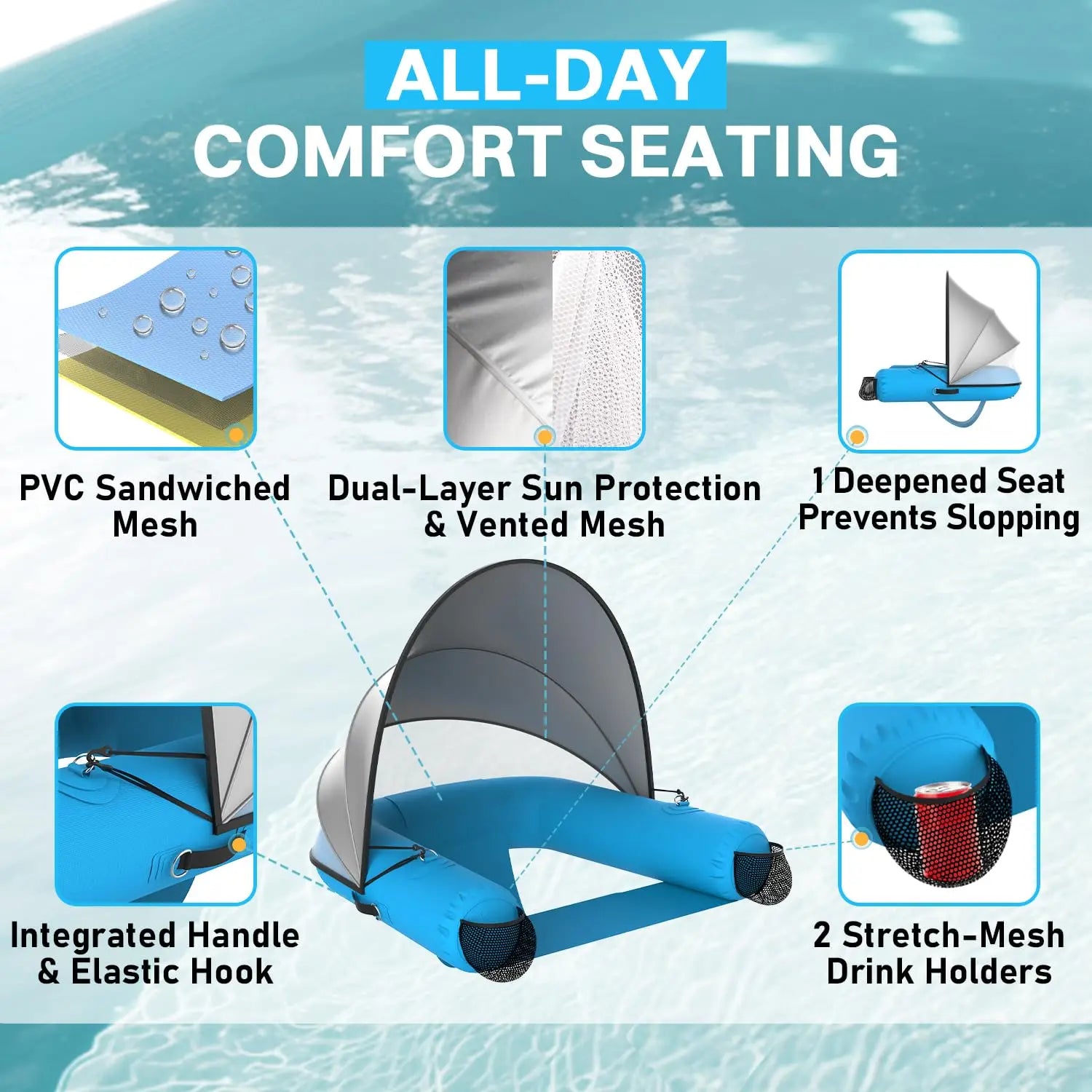 Adult Inflatable Pool Floats Chair with UPF50+ & Vented Canopy, 2 Drink Holders, Deepened Seat, Adjustable Sun, Customized