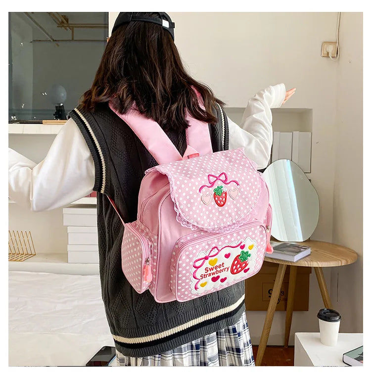 Pink Girl Embroidery Strawberry Children's Schoolbag Student Birthday Gift 2026 New Japanese Cartoon Pink Backpack Book Bags