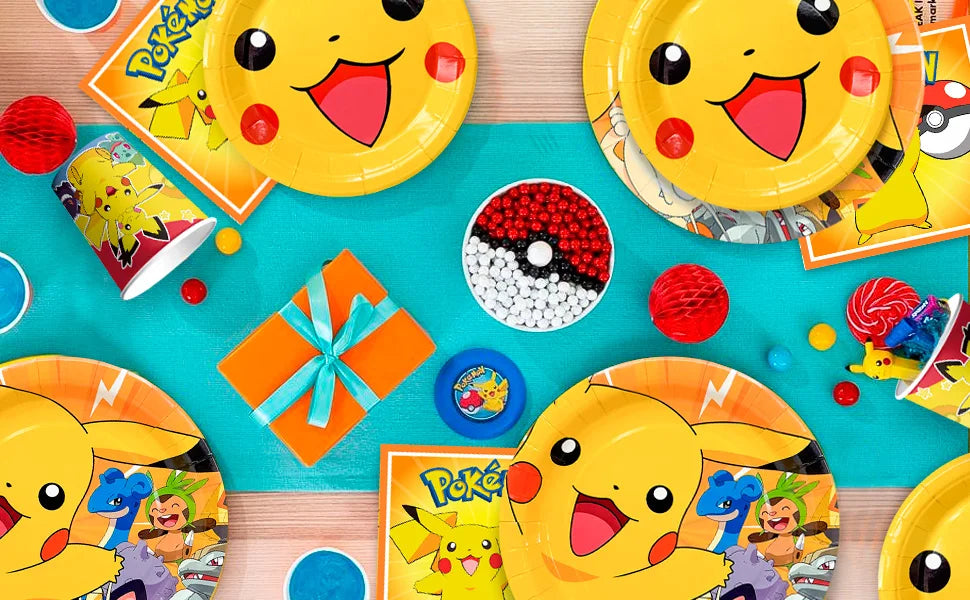 Pokemon Party Tableware,114 Pcs Pokemon Birthday Party Decorations- Pikachu Tablecloth Banner Plates etc Pokemon Party Supplies