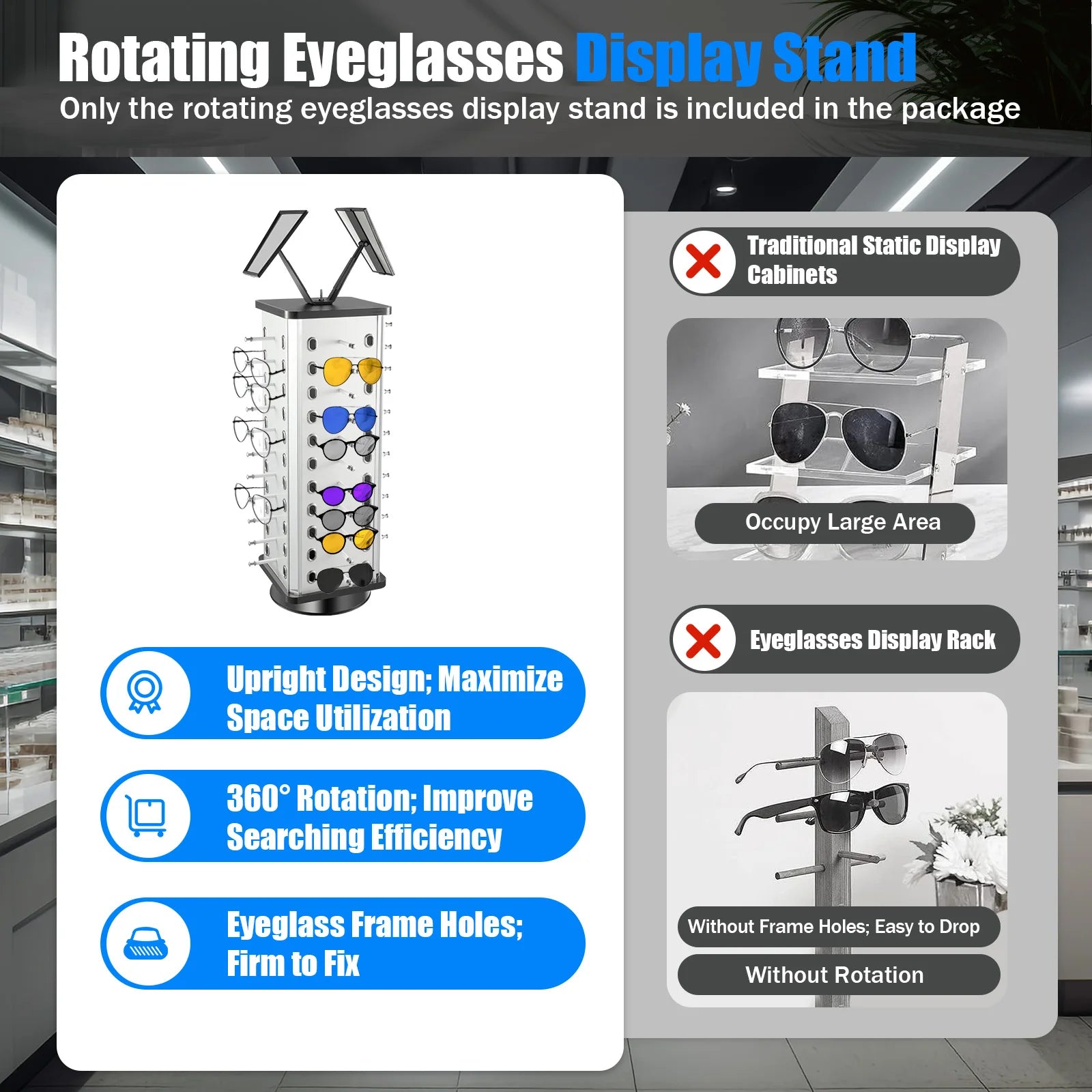 44 Pairs Rotating Eyeglasses Display Stand with 2 Mirrors 86cm Large Capacity Freestanding Sunglass Holder for Shops
