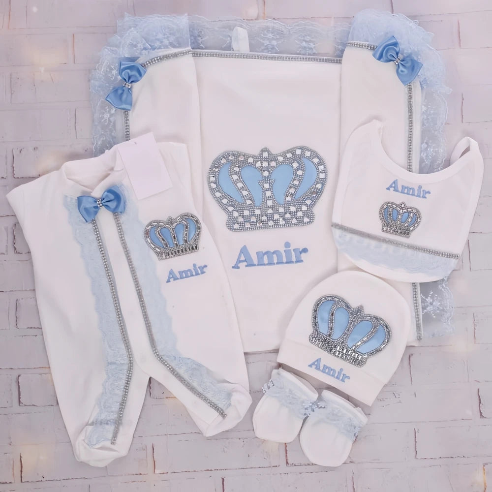Customized Name Newborn Baby Boss Embroidery Lace Romper Outfit Infant Wrapped Baby Products Pants Mittens Receiving Blanket